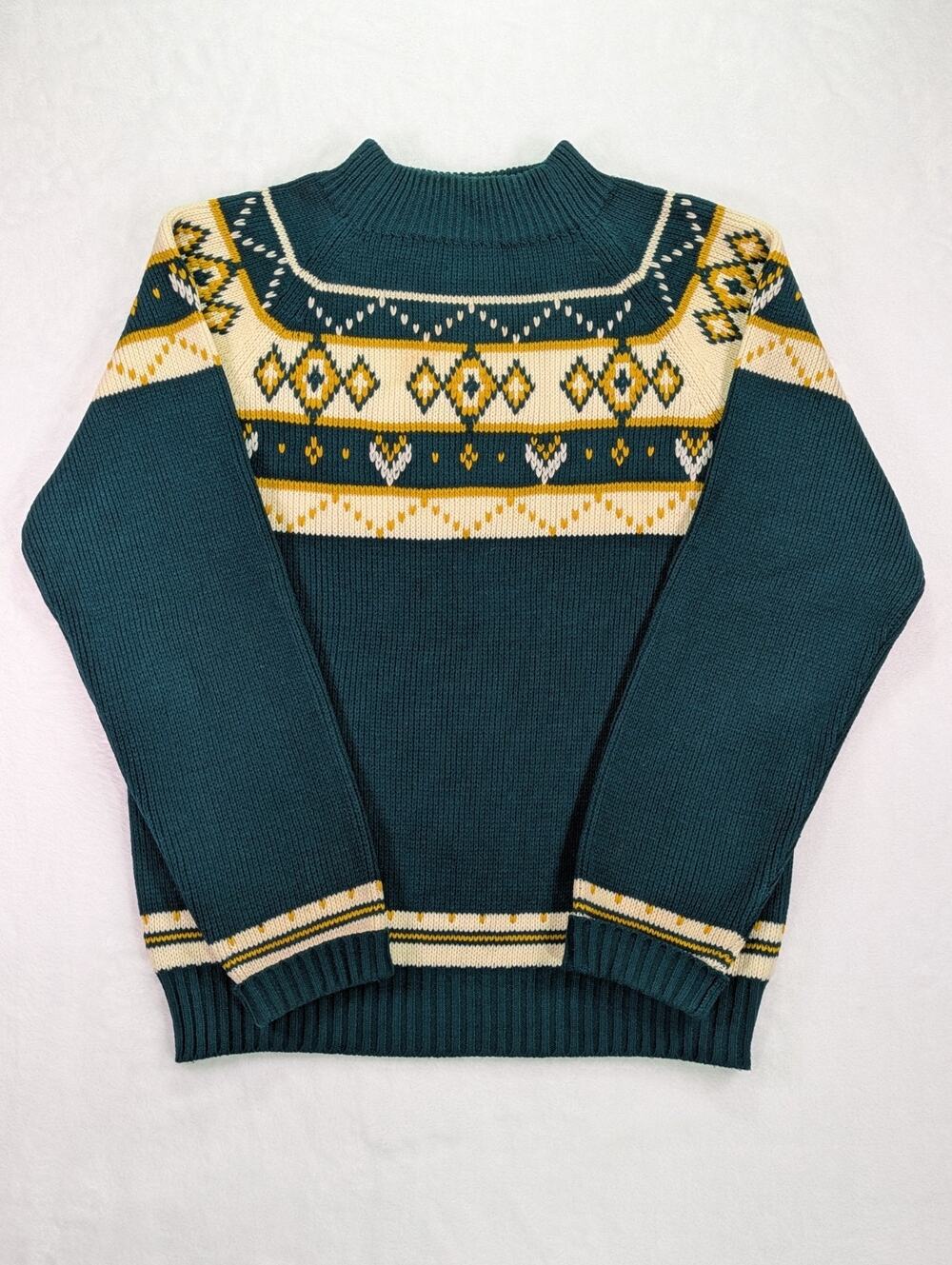 JCPenney Vintage Fair Isle Mock Neck Sweater Medium Green Gold White NSU College